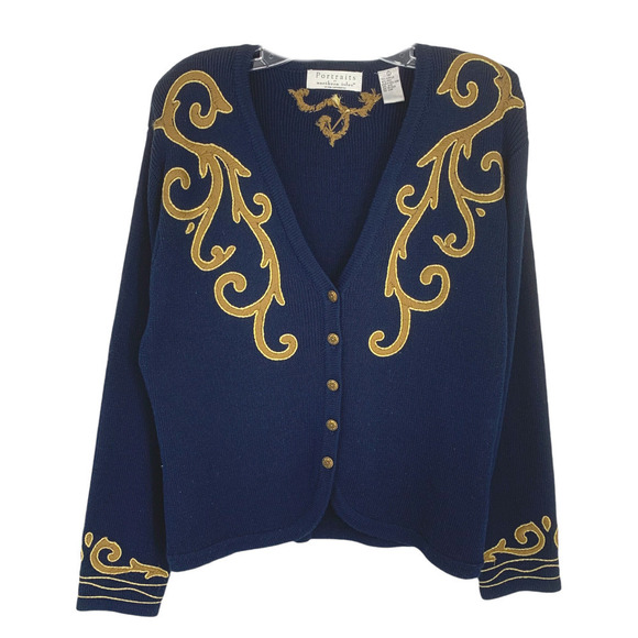 Vtg Portraits x Northern Isles Sz L Navy Blue Gold Applique Cardigan Sweater - Picture 2 of 8